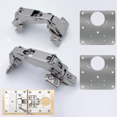 Imagem de Pacote com 2 dobradiças de 180 graus, 2 peças de kit de placa de reparo de dobradiça de armário, portas de armário de cozinha soltas, dobradiças de portas de armário de cozinha sem moldura