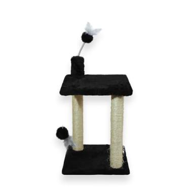 Imagem de Arranhador para Gatos Plataforma Dupla com Brinquedo com Bola de Pelúcia Sisal Natural e Base Revestida em Pelúcia Alta(Preto)