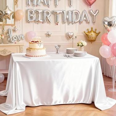 Imagem de Toalha de mesa retangular de cetim, reutilizável e lavável, macia, sedosa, resistente a rugas, toalha de mesa branca fabulosa para recepção de casamento, festa de aniversário, banquete, ambientes