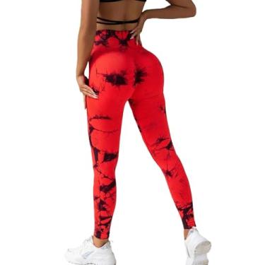 Imagem de tincolia Meia-calça legging feminina tie dye cintura alta levanta bumbum controle de barriga push up sem costura calças de ioga malha-vermelho-M