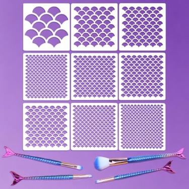 Imagem de Conjunto de estêncil de escama de sereia, 9 peças reutilizáveis de estêncil de maquiagem de rosto de sereia, estêncil de escama de peixe e 4 pincéis de maquiagem para os olhos para mulheres, meninas