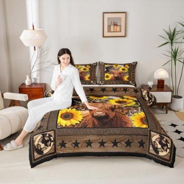Imagem de Conjunto de edredom infantil com girassóis de vaca Highland, decoração natalina para meninos e meninas, adultos, edredom com estampa abstrata de oncinha e pele de vaca, estrelas de madeira, conjunto