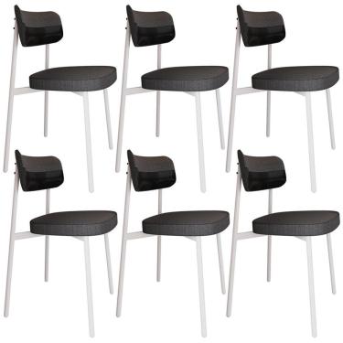 Imagem de Kit 06 Cadeiras Estofada Para Sala De Jantar Astrid Branco C01 Linho Preto Courino Preto - Lyam Decor