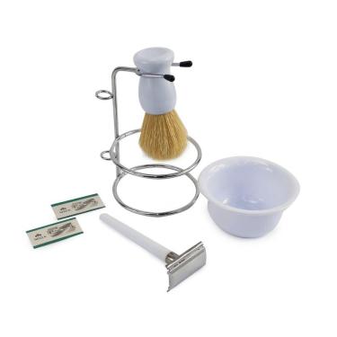 Imagem de Kit Barbear Retro Navalha Suporte Saboneteira Pincel Branco
