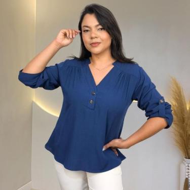 Imagem de Blusa Camisa Feminina Social Botões Manga 3/4 Formal Laura, Azul marin