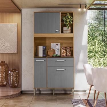 Imagem de Armário De Cozinha Compacto Zen 3 Portas 1 Gaveta Com Nicho Decorativo 0,90m - Freijó/gris