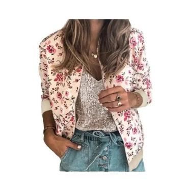 Imagem de Jaqueta Bomber Feminina Com Estampa Floral E Zíper, Ajuste Slim Para P
