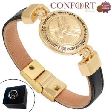 Imagem de Pulseira Magnética de Couro Bege Preto Medalha Vosso Amor Dourado-Unissex