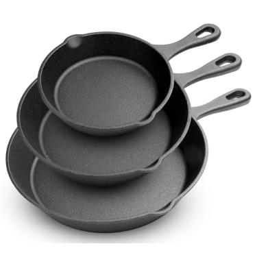 Imagem de NutriChef Frigideira de ferro fundido pré-temperada 3 peças conjunto de panelas antiaderentes com bico gotejador - alças de silicone, raspador - fogão elétrico, indução, alcance de gás, cerâmica, NCCI76, preto