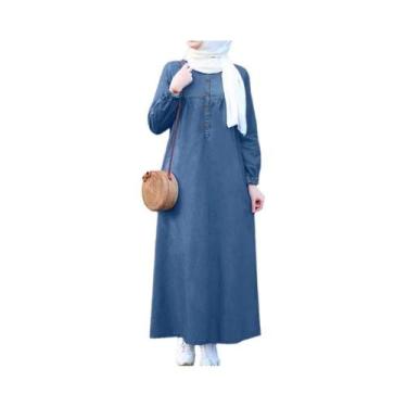 Imagem de Vestido Abaya Maxi Casual Islâmico em Jeans Azul - Manga Longa e Caime