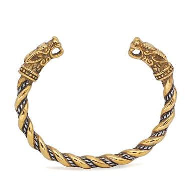 Imagem de Pulseira Bracelete Viking Nórdico Dourado Masculino Vintage Ragnar Thor Em Aço Maciço