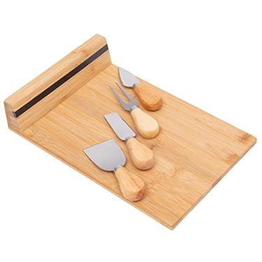 Imagem de Mimo Style Jogo de Tábua de Bambu para Queijos com 4 Facas de Aço Inoxidável, Possui Uma Faixa Magnética para Armazenar e Organizar as Faquinhas, Produto Multiuso, Prático e Elegante