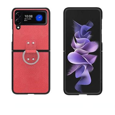 Imagem de MEOORHE Capa de telefone com anel de textura de couro vintage para Samsung Galaxy Z Flip 1/2/Z Flip 3/Z Flip 4 5G Shell, moda leve e capa fina pára-choques (Z Flip 4, vermelho)