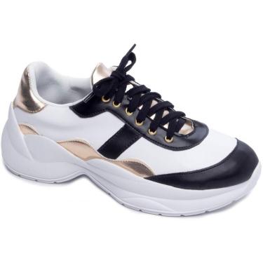 Imagem de Tênis Feminino Solado de 5cm PVC Branco Preto e Dourado 898B