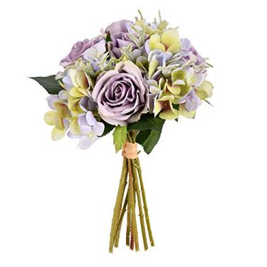 Imagem de Vickerman Buquê de rosa e hortênsia de violeta artificial de 30,5 cm de comprimento – Decoração floral sintética premium para casamentos ou arranjos diários – Flores sem manutenção