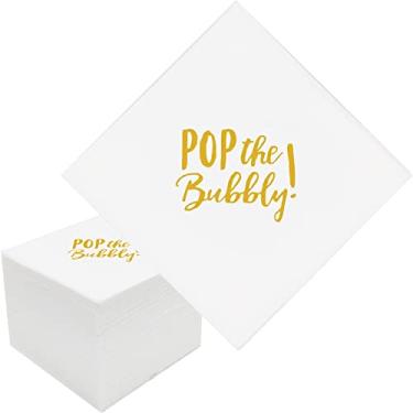Imagem de Geloar Guardanapos de coquetel Pop the Bubbly, pacote com 100 guardanapos dourados pop the bubbly Paper para bebidas a granel para aniversário de casamento, formatura, aniversário, despedida de solteira, chá de panela | 2 camadas, 12 x 13 cm