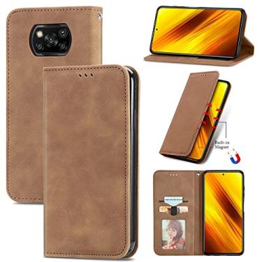 Imagem de Capas de telefone magnéticas com sensação de pele compatíveis com Xiaomi Poco X3 NFC capa de couro slots de cartão de visita de luxo clipe de carteira à prova de choque (marrom, Xiaomi Poco X3 NFC)