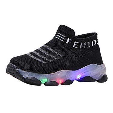 Imagem de MOQIN Tênis fashion com LED respirável tecido elástico para bebês meninas meninos letra malha LED luminosa meias esportivas corrida