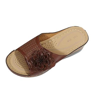 Imagem de Sandálias de salto para mulheres tamanho 38 senhoras moda cor sólida recorte couro flor bico aberto plataforma sandálias (café, 38)