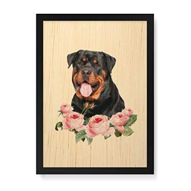 Imagem de Arte Maníacos Quadro Decorativo em Madeira Rottweiler Flores - 23x16,25cm (Moldura caixa em laca preta)