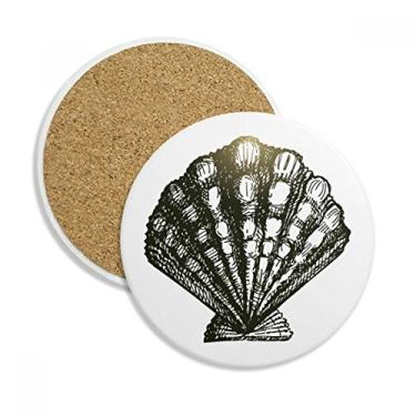 Imagem de Caneca de porta-copos com ilustração preta da vida marinha Scallop com pedra absorvente de proteção de mesa