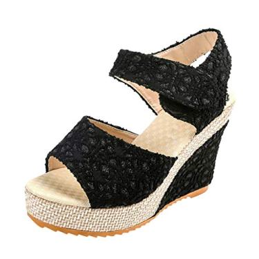 Imagem de Sandálias femininas de tecido de algodão anabela femininas bico aberto sandálias de salto plataforma floral flor sapatos de cadarço (preto, 38)