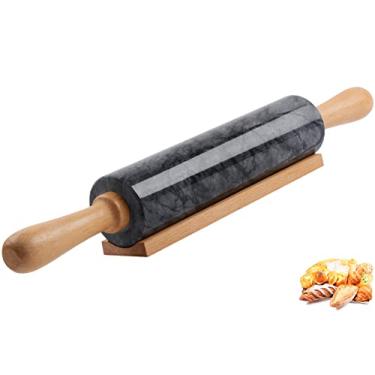 Imagem de Rolo de massa de mármore SIPARUI com base de madeira grossa conjunto de cabo para assar, rolo polido de qualidade premium de 47 cm para massa de pizza, pasta de torta, superfície antiaderente, fácil de limpar (preto)