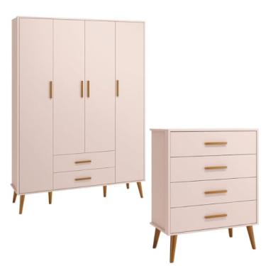 Imagem de Comoda Gaveteiro e Guarda Roupa Isis Retrô 4 Portas 2 Gavetas Rosa Fosco - Reller
