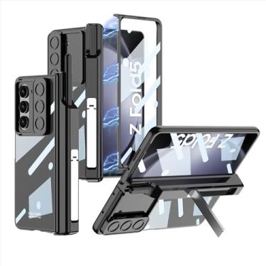 Imagem de Estojo tipo carteira para telefone Compatível com capa para Samsung Galaxy Z Fold 5 com protetor de tela de vidro temperado e suporte, revestimento transparente ultrafino PC Crystal à prova de choque