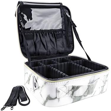 Imagem de Bolsa de maquiagem de mármore – Bolsa grande organizadora de maquiagem GZCZ Estojo de viagem portátil para cosméticos, artistas, maquiagem com divisórias ajustáveis para pincéis de maquiagem (mármore branco)