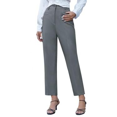 Imagem de GRACE KARIN Calça feminina casual lisa cintura alta autoamarrada calça lápis com cinto, Cinza, 7