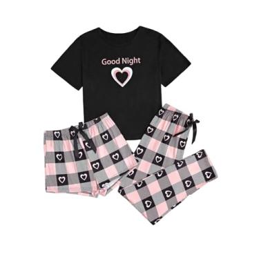 Imagem de Milumia Conjunto de pijama feminino xadrez, conjunto de camiseta e calça, conjunto com 3 peças, Coração rosa preto, X-Small