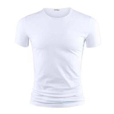 Imagem de Camiseta masculina cor pura gola V e O manga curta camisetas masculinas fitness para roupas masculinas 1, Gola redonda na cor branca, 3G