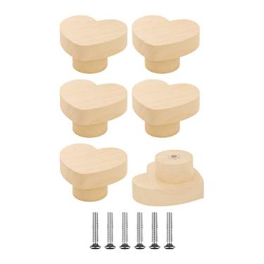 Imagem de Zepolu Pacote com 6 puxadores de madeira em forma de coração - 3 cm de diâmetro, puxadores de madeira para armários e gavetas de cômoda, puxadores de armário de cozinha de madeira natural com