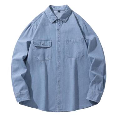 Imagem de Camisa jeans masculina manga comprida ombro caído colarinho aberto cor sólida camisa ajuste solto, Azul claro, M