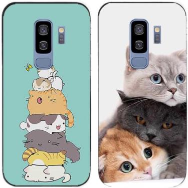 Imagem de 2 peças de capa de telefone traseira de silicone em gel TPU com estampa de pilha de gato fofo para Samsung Galaxy todas as séries (Galaxy S9 Plus / S9+)