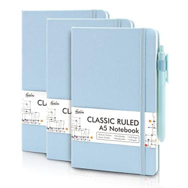 Imagem de feela Pacote com 3 cadernos diários a granel, caderno de capa dura clássico pautado com suporte para caneta para mulheres meninas material de negócios escolares, com 3 canetas pretas, 120 GSM, 13 cm x