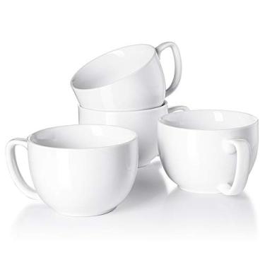 Imagem de Conjunto de canecas de café jumbo de porcelana branca com alça para bebidas quentes ou frias como cacau, leite, chá ou água – Cerâmica lisa com design moderno