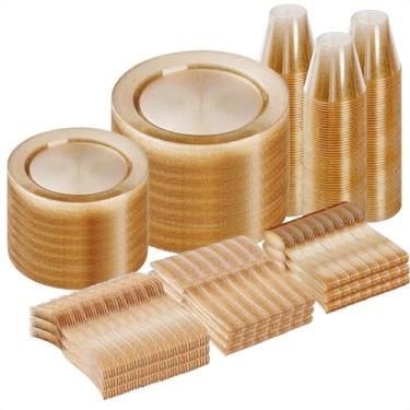 Imagem de Goodluck 600 pratos descartáveis com glitter dourado para 100 convidados, pratos para festa, casamento, conjunto de 100 utensílios de jantar, 100 pratos de salada, 100 colheres, 100 garfos, 100 facas