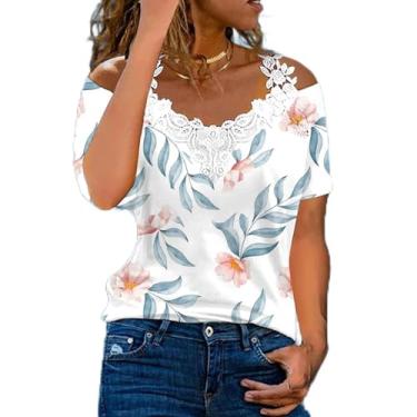 Imagem de Lainuyoah Blusa feminina estampada moderna com ombro vazado renda floral boho blusa casual verão gola V manga curta camiseta básica, Bege, M