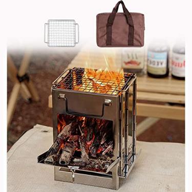 Imagem de Fogão de acampamento, churrasqueira de aço inoxidável dobrável, fogão a lenha leve e portátil, para caminhadas ao ar livre, piquenique, churrasco, forte e resistente, com grelha + sacola (tamanho :