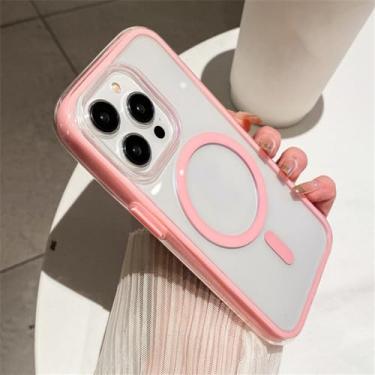 Imagem de Capa magnética de carregamento sem fio transparente luxuosa para iPhone 15 13 14 Pro Max Hybrid Color Bumper Clear Hard Case, rosa, para iPhone 13 ProMax