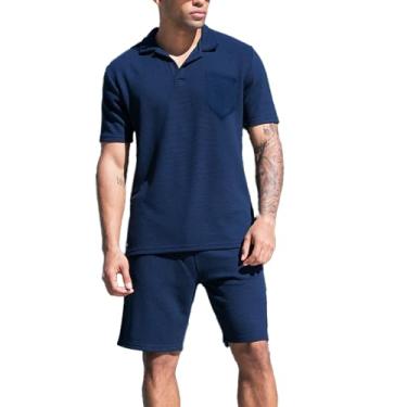 Imagem de TUVEKE Conjunto de camisa polo e short masculino casual de malha waffle com 2 peças de agasalho de manga, Azul marinho, XXG