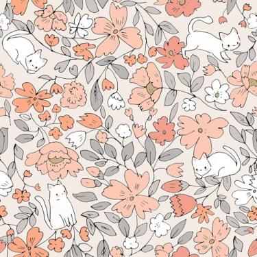 Imagem de MuralPeel Papel de parede bonito rosa laranja flores silvestres gato branco descascar e colar autoadesivo removível fácil de remover papel de contato adesivo em papel de parede para armário de quarto