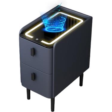Imagem de Mesa de cabeceira inteligente armário lateral carregamento sem fio e mesa de cabeceira inteligente com luz de 3 cores com 2 gavetas para quarto, azul