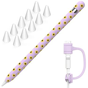 Imagem de NIUTRENDZ Capa de girassol para Apple Pencil 1ª geração, capa protetora de silicone, acessórios de manga com pontas de lápis da Apple e cabo adaptador de cabo (roxo)