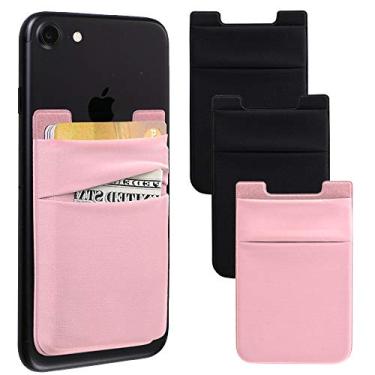 Imagem de Carteira elástica com bolso para cartão de crédito, bolso para carteira de lycra, capa de identidade, bolsa de manga 3M, adesivo adesivo compatível com iPhone Samsung Galaxy Android Smartphones, Pink&Black