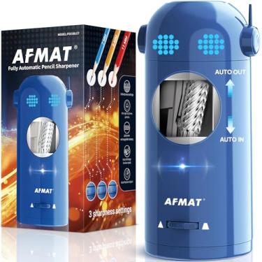 Imagem de AFMAT Apontador de lápis de cor elétrico totalmente automático – 7-11,5 mm, entrada e saída automática, recarregável, mãos livres com olhos pontilhados, apontador de lápis robô para crianças, azul