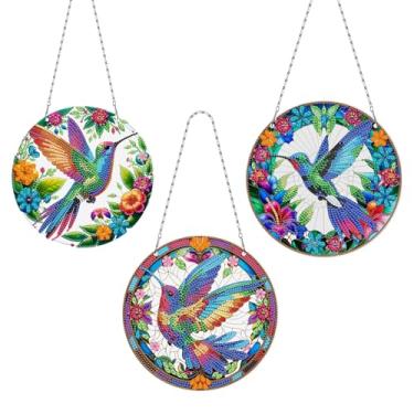 Imagem de MaiYiYi Kit de pintura com pingente de arte de diamante para pendurar com 3 peças, pássaro colorido, gema de cristal, conjunto de pintura com pingente de pássaro, pintura de diamante para decoração de