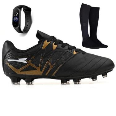 Imagem de Kit Chuteira Futebol Campo Bico de Couro Gramado Natural + Meião + Rel